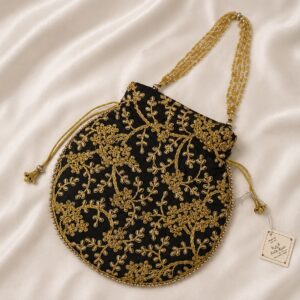 Premium Black Velvet Floral Embroidered Potli