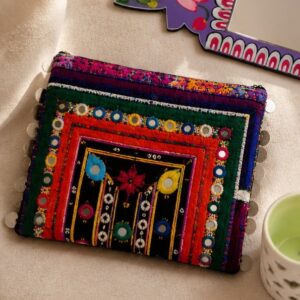 Handcrafted Mirror Work Embroidered Utility Zip Pouch