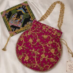 Women's Pink Floral Embroidered Potli Bag with Pearl Handle