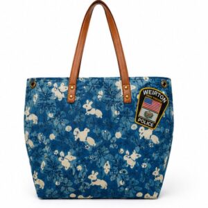 Blue Printed Canvas Tote Bag for Women with Leather Handles
