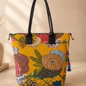 Women's Yellow Quilted Printed Tote Bag with Tassel Charm