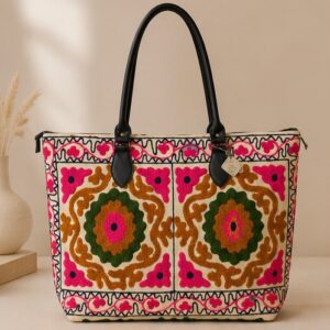 Women's White Embroidered Ethnic Tote Bag with Floral Design