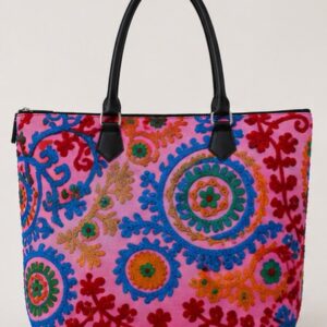 Women's Pink Floral Embroidered Tote Bag with Zip Closure