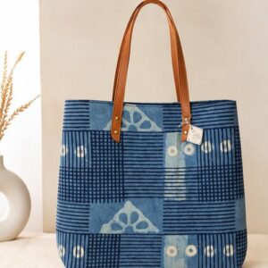 Handcrafted Blue Printed Cotton Tote Bag for Women