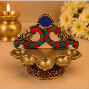 Vibrant Brass Multi-Wick Pedestal Diya with Mosaic Inlay Arch