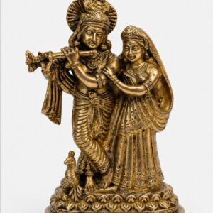 Graceful Brass Radha Krishna Idol Standing Together with Peacock
