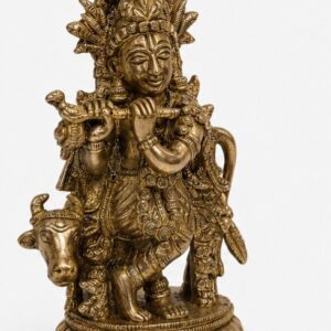 Ornate Brass Krishna Idol Playing Flute on Lotus with Holy Cow