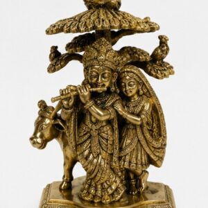 Detailed Brass Radha Krishna Standing Under Tree with Holy Cow