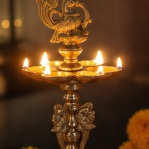 Antique Style Brass Peacock Diya Stand with Five Oil Wells