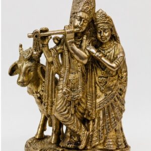 Traditional Brass Radha Krishna Idol Playing Flute with Holy Cow