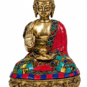 Brass Meditating Buddha Statue with Red and Blue Mosaic Robe