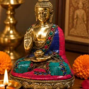 Serene Brass Dhyana Buddha Idol in Turquoise and Red Stone Inlay