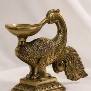 Classic Brass Peacock Diya Oil Lamp on Pedestal for Pooja Decor