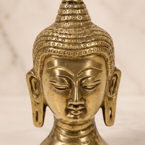 Serene Brass Buddha Head Statue with Detailed Ushnisha Curl