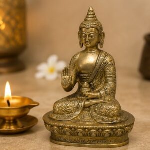 Polished Brass Meditating Buddha Statue Seated on Lotus Throne
