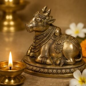 Traditional Brass Nandi Idol Seated on Carved Oval Pedestal