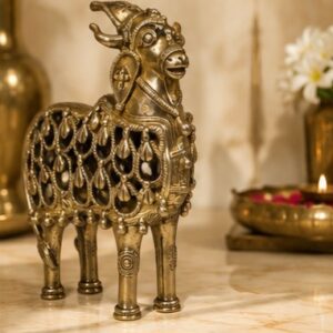 Dhokra Style Traditional Brass Goat Figurine with Lattice Pattern