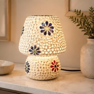Artisanal White and Blue Floral Mosaic Glass Table Lamp