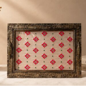Imperial Coral Pink Embroidered Traditional Serving Tray