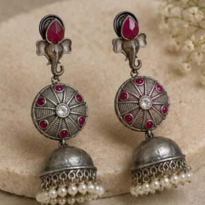 Statement German Silver Elephant Motif Jhumka Earrings