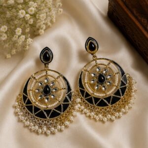 Elegant Black Enamel Chandbali Earrings with Pearl Fringe Trim