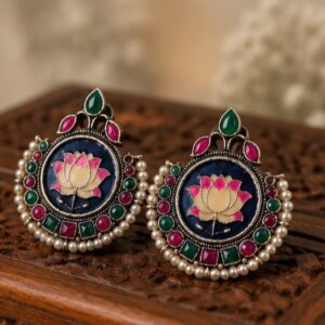 Handpainted Lotus Motif German Stud Earrings with Pearl Trim