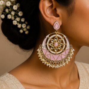 Traditional Pink Enamel Chandbali Earrings with Pearl Clusters