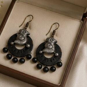 Handcrafted German Bird Motif Black Disc Dangling Earrings