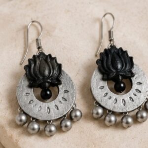 German Silver Black Lotus Crescent Hook Dangle Earrings