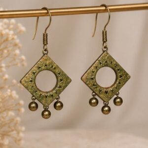 Antique Brass Diamond Cutout Drop Earrings with Charms