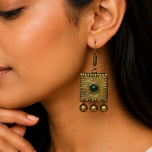 Antique Brass Square Drop Hook Earrings with Green Stone