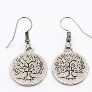 German Silver Tree of Life Coin Dangle Hook Earrings
