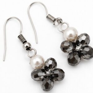 Handcrafted Grey Crystal Flower and Pearl Hook Earrings
