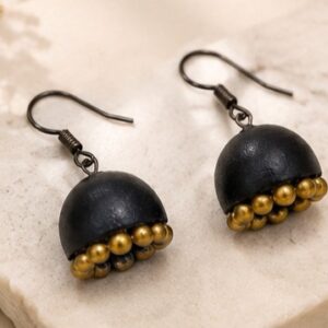 Handcrafted Matte Black Terracotta Jhumka with Gold Bead Rim
