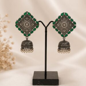 Square Carved German Silver Jhumka Earrings with Green Stones