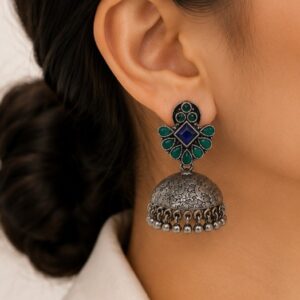 Paisley Stud German Silver Jhumka Earrings with Blue Stones
