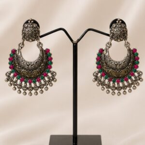 Ethnic German Crescent Drop Earrings with Green & Pink Stones