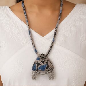 Printed Fabric Cord Statement Necklace with Triangular Pendant