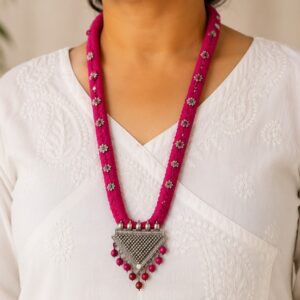 Deep Red Braided Thread Necklace with Textured Triangle Pendant