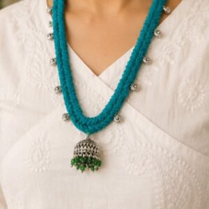 Vibrant Teal Thread Braided Necklace with Green Bead Jhumka Drop