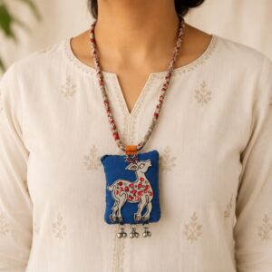 Handmade Fabric Deer Pendant Necklace With Silver Ghungroo