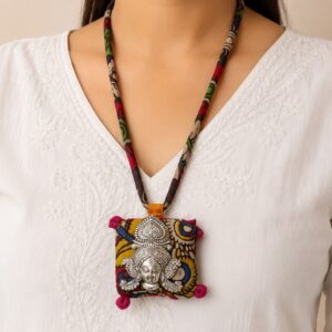 Handcrafted Printed Fabric Cord Necklace with Durga Square Pendant