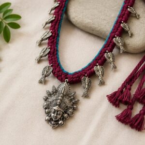 Maroon Thread Rope Collar Necklace with Goddess Durga Pendant