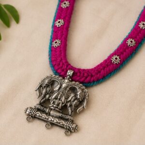 Magenta Braided Thread Rope Necklace with Temple Deity Pendant