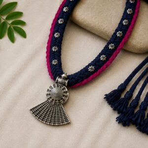 Navy & Magenta Thread Rope Necklace with Tribal Fan Pendant
