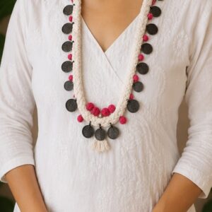 Off White Braided Thread Long Necklace with Coin & Pom-Poms