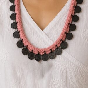 Artisanal Dusty Pink Thread Rope Necklace with Black Coin Charms