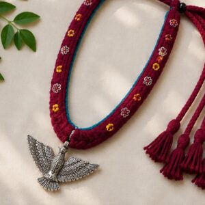 Handcrafted Maroon Thread Rope Necklace with Silver Bird Pendant
