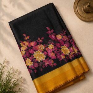 Mustard and Black Floral Silk Saree