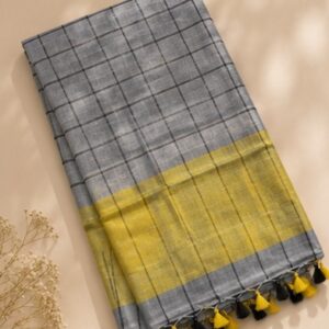Grey Checked Linen Saree with Yellow Border